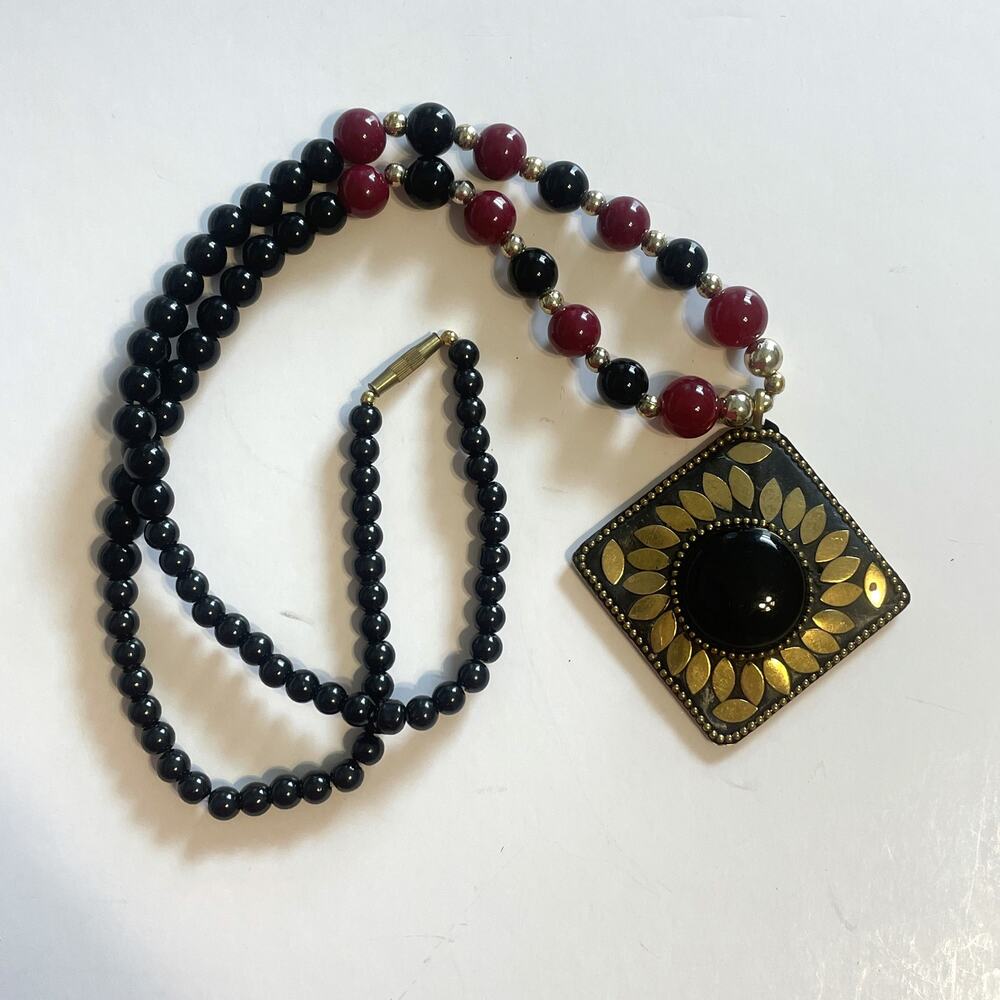 Beaded Necklace with Bold Floral Pendant Red Black Artisan Vintage